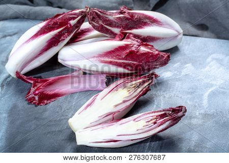 Group Of Fresh Red Radicchio Chicory Or Belgian Endive Vegetables, Also Known As Witlof Salade