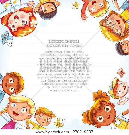 International Friendship Day. Multicultural Kids In The Circle. Group Of Happy Children Waving At Th