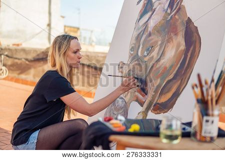 Young Woman Paint Artist Drawing At Home Roof