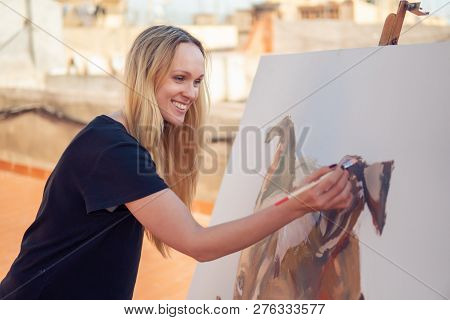 Young Woman Paint Artist Drawing At Home Roof