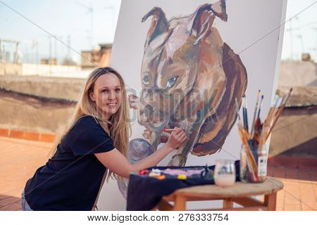 Young Woman Paint Artist Drawing At Home Roof