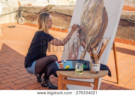 Young Woman Paint Artist Drawing At Home Roof