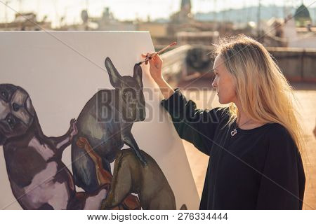 Young Woman Paint Artist Drawing At Home Roof
