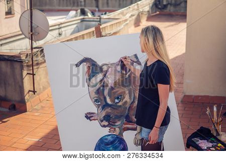 Young Woman Paint Artist Drawing At Home Roof