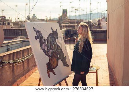 Young Woman Paint Artist Drawing At Home Roof