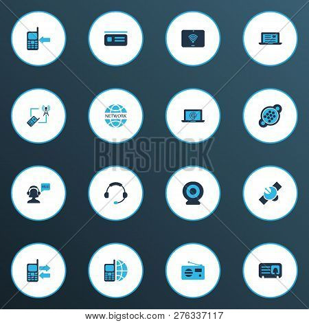 Telecommunication Icons Colored Set With Ip Camera, Headphone, Network Communications And Other Hotl