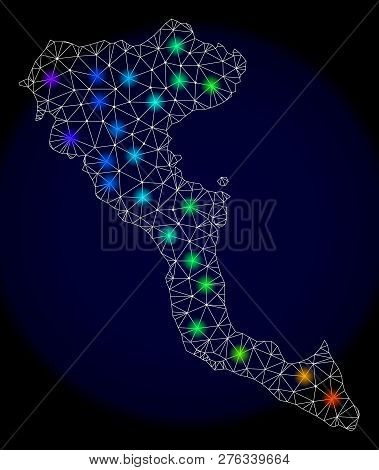 Mesh Vector Map Of Corfu Island With Glare Effect. Light Spots Have Bright Spectrum Colors. Abstract