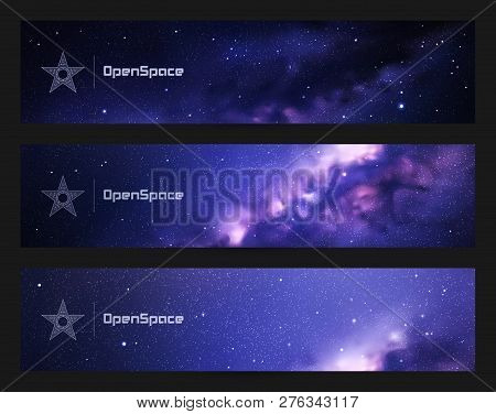 Set Of Horizontal Banners With Night Starry Sky And Milky Way. Space Dark Background With Fragment O