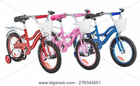 Set Of Colored Kids Bicycles With Training Wheels And Baskets. 3d Rendering Isolated On White Backgr