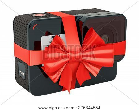Modern Dashcam Dvr With Bow And Ribbon, 3d Rendering. Gift Concept Isolated On White Background