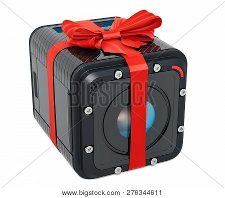 Dashcam Dvr With Bow And Ribbon, 3d Rendering. Gift Concept Isolated On White Background
