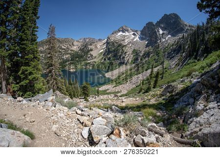 Fisheye View Of Alpine Lake Along The Sawtooth Lake And Iron Creek Trail In Idaho On A Sunny Summer 