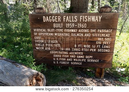 July 20 2018 - Grandjean, Id: Sign For The Dagger Falls Fishway Giving Size And Statistics Of Water 