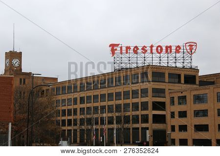 Akron, Ohio/usa - December, 29: The Large Rooftop Sign Of The Old Firestone Tire Company In Akron, O