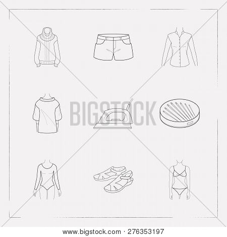 Set Of Clothing Icons Line Style Symbols With Bikini, Low Bias Roll, Turtleneck Sweater And Other Ic