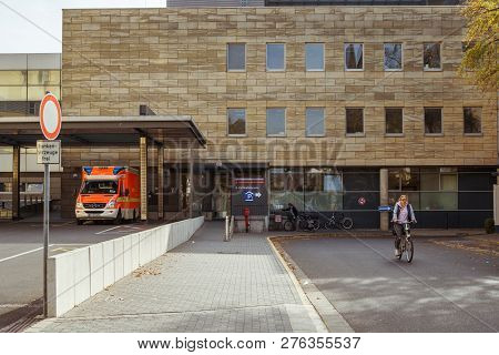 October 19, 2018 Germany. Clinic Helios Krefeld. Bicycle Ecological Mode Of Transport In Europe. Bic