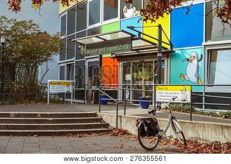 October 19, 2018 Germany. Clinic Helios Krefeld. Bicycle Ecological Mode Of Transport In Europe. Bic