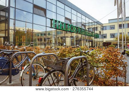 October 19, 2018 Germany. Clinic Helios Krefeld. Bicycle Ecological Mode Of Transport In Europe. Bic