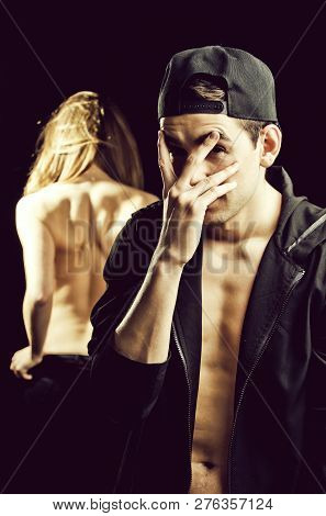 Naked Sexy Girl Showing Graceful Back And Young Shy Guy, Man In Black Cap And Shirt Has Bare Torso H