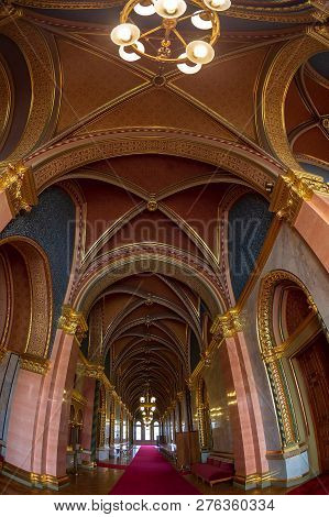 Budapest, Hungary - December 19, 2018: Interior Of The Parliament Of Budapest, The Seat Of The Hunga