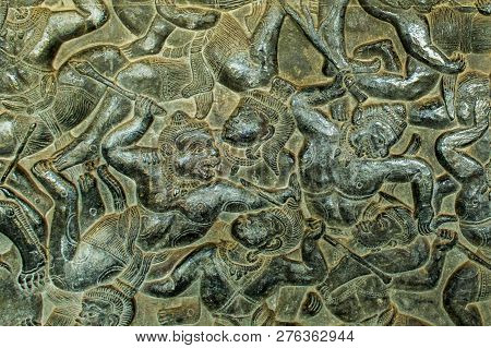 Hand Made Old Wall Engraving In Angkor Wat, Cambodia.