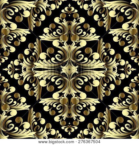 Gold Baroque Ornate 3d Vector Seamless Pattern. Vintage Ornament