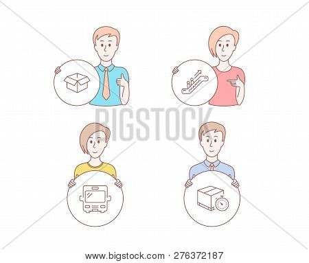 People Hand Drawn Style. Set Of Bus, Escalator And Opened Box Icons. Delivery Timer Sign. Tourism Tr