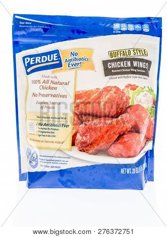 Winneconne, Wi - 30 December 2018: A Bag Of Perdue Buffalo Sytle Chicken Wings On An Isolated Backgr