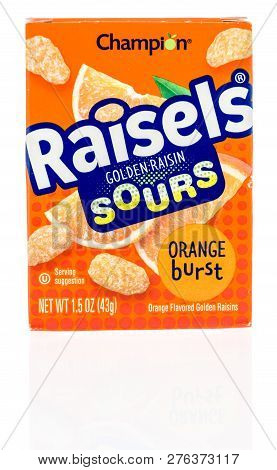 Winneconne, Wi - 30 December 2018: A Package  Of Champion Raisels Golden Raisin Sours On An Isolated