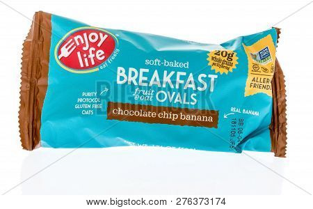 Winneconne, Wi - 30 December 2018: A Package  Of Enjoy Life Soft Baked Fruit Ovals On An Isolated Ba
