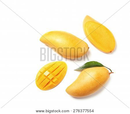 Composition With Fresh Mango Fruits On White Background, Top View