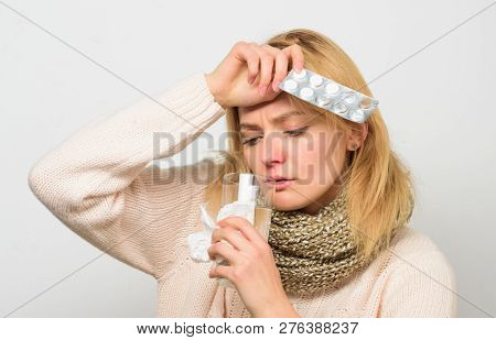 Headache And Fever Remedies. Woman Tousled Hair Scarf Hold Tablets Blister. Guidelines For Treating 