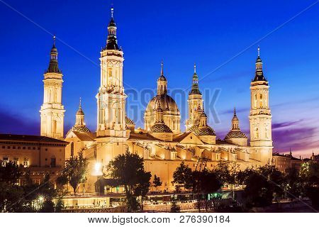 Night View Of Basilica Del Pilar In Zaragoza, Spain