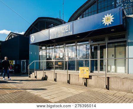 Hamburg, Germany - Mar 20, 2018: Pedestrians In Front Of Police Polizei Station Near Hamburg Central