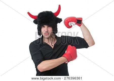 Animal Power. Masculinity Concept. Man With Horns As Devil Or Bull Wear Boxing Gloves. Strong As Bul