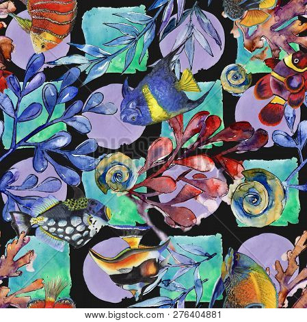 Watercolor Aquatic Underwater Colorful Tropical Fish Illustration Set. Seamless Background Pattern.