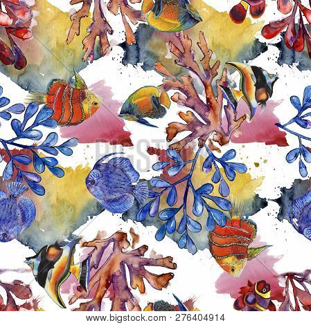 Watercolor Aquatic Underwater Colorful Tropical Fish Illustration Set. Seamless Background Pattern.
