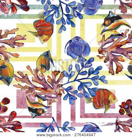 Watercolor Aquatic Underwater Colorful Tropical Fish Illustration Set. Seamless Background Pattern.