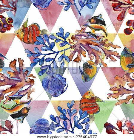 Watercolor Aquatic Underwater Colorful Tropical Fish Illustration Set. Seamless Background Pattern.
