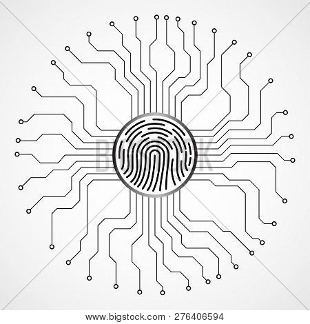 Abstract Sign Fingerprint With Circuit Board By Circumference. Technology Concept