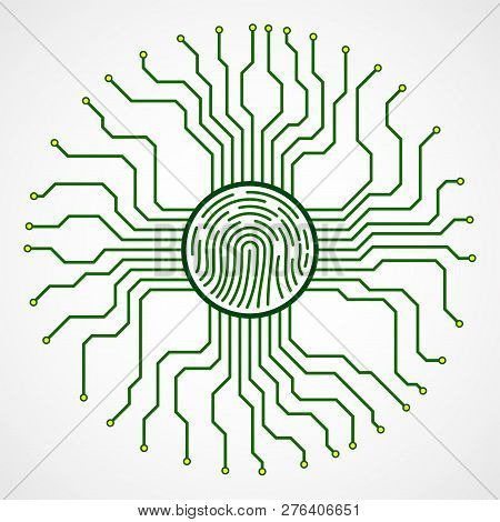 Abstract Sign Fingerprint With Circuit Board By Circumference. Technology Concept