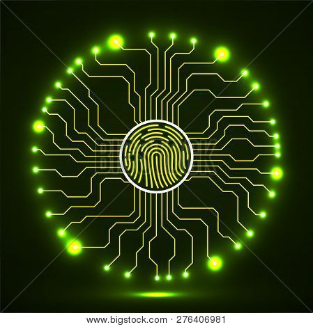 Abstract Neon Sign Fingerprint With Circuit Board By Circumference. Technology Concept