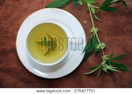 Marijuana Tea. Hemp Tea. Cannabis Tea with a Marijuana Leaf and Stem with Flowers and Leaves on a leather background.  Room for text. 

