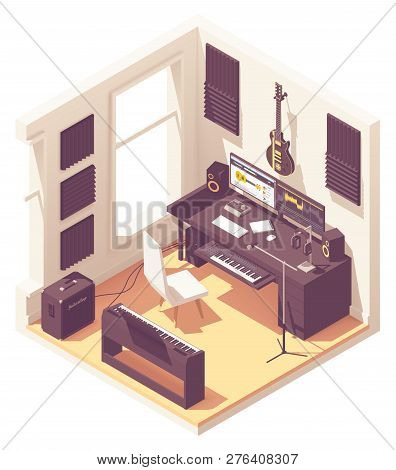 Vector Isometric Home Music Recording Studio With Related Equipment. Keyboards, Guitar, Amplifier, A