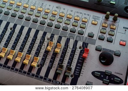 Audio Sound Mixer Console. Sound Mixing Desk. Music Mixer Control Panel In Recording Studio. Audio M