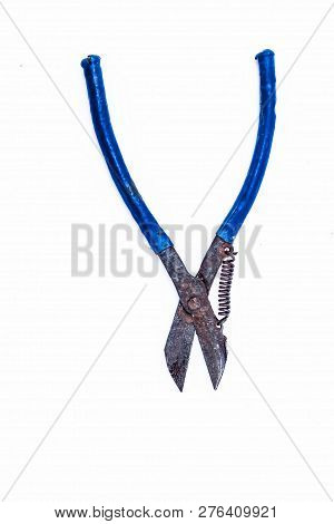 Close Up Of Pilers Isolated On White With A Blue Colored Handle.