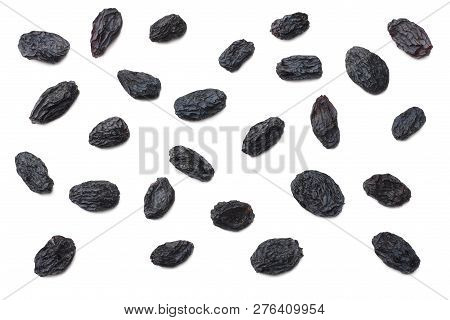 Black Raisins Isolated On White Background. Top View