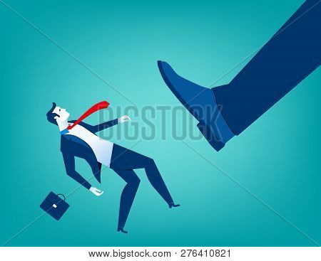 Businessman Big Foot Kicking A Little Men. Bankruptcy And Insolvency