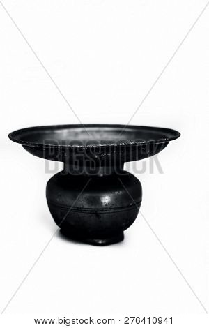 Close Up Of Old Ancient Vessel Or Utensil Or Container Or Isolated On White I.e. Chilamchi Or Chelam