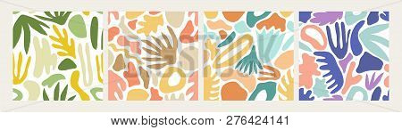 Collection Of Modern Abstract Seamless Patterns With Natural Colorful Shapes Or Blots On White Backg